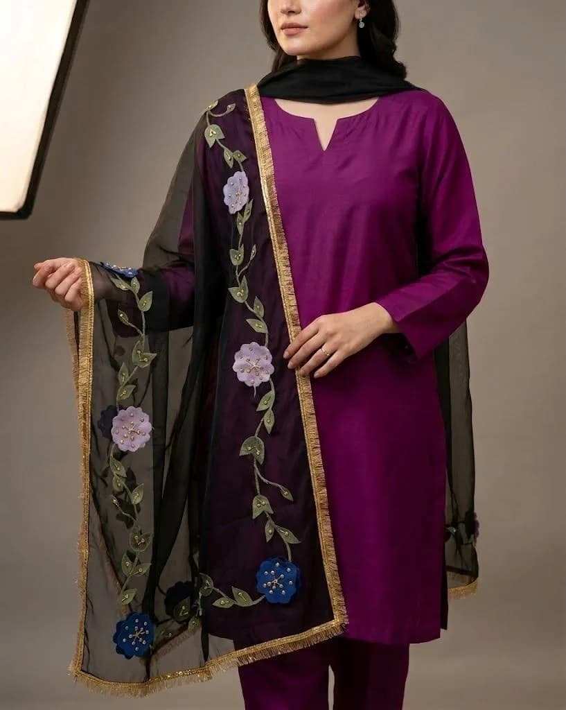 3 Piece Kattan Silk Party Suit with Hand Painted Dupatta