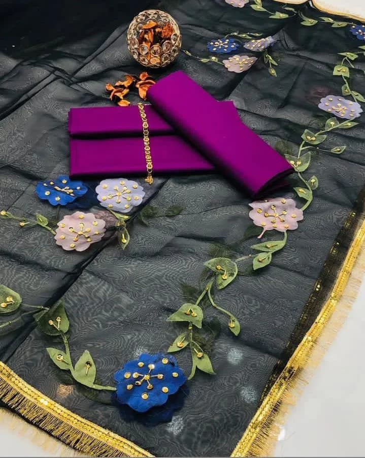 3 Piece Kattan Silk Party Suit with Hand Painted Dupatta