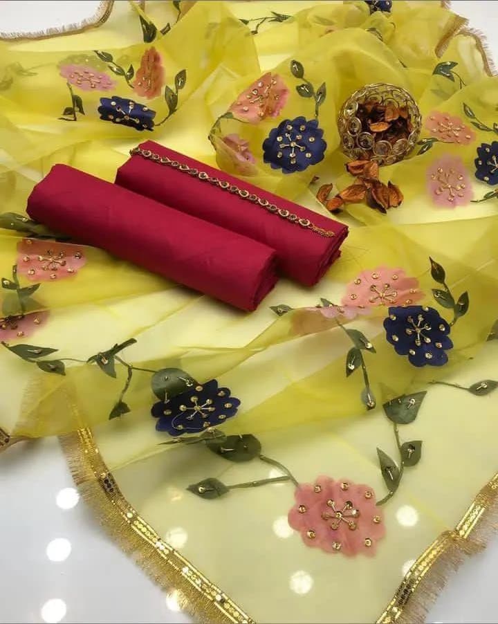 3 Piece Silk Party Wear Suit with Hand Painted Dupatta