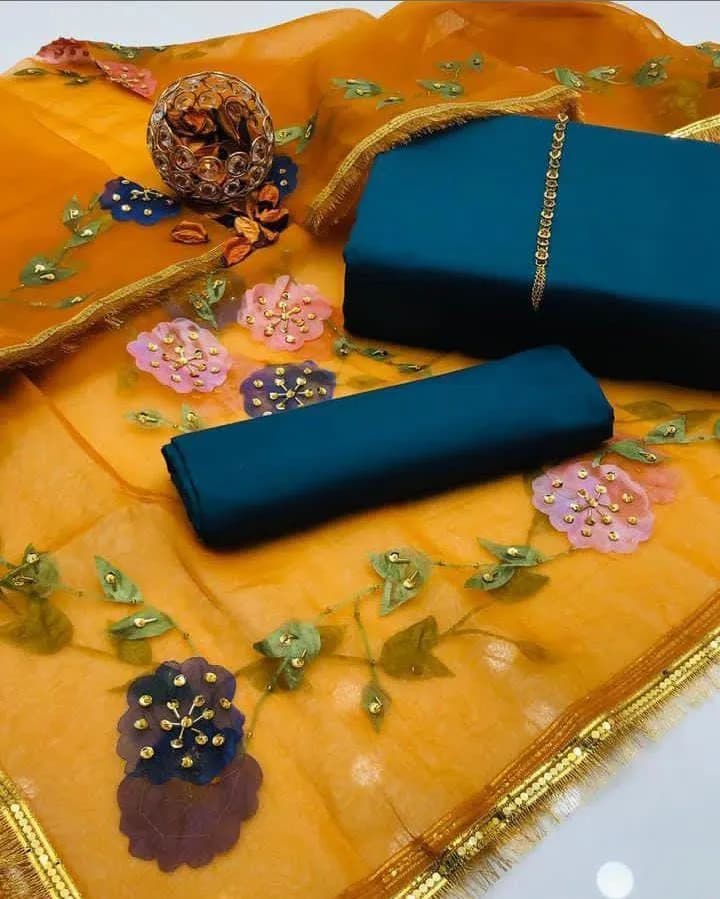 3 Piece Silk Party Wear Suit with Hand Painted Dupatta