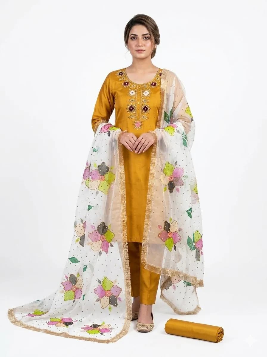 Handmade Oil Paint 3 Piece Kattan Silk Suit Mustard Organza Dupatta