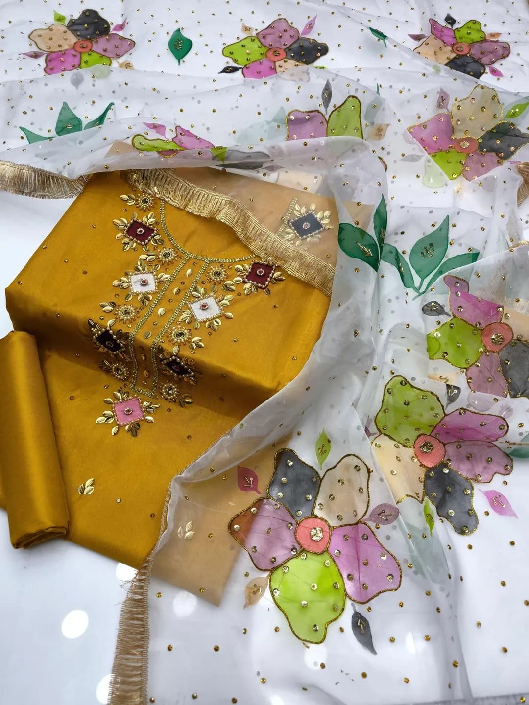 Handmade Oil Paint 3 Piece Kattan Silk Suit Mustard Organza Dupatta