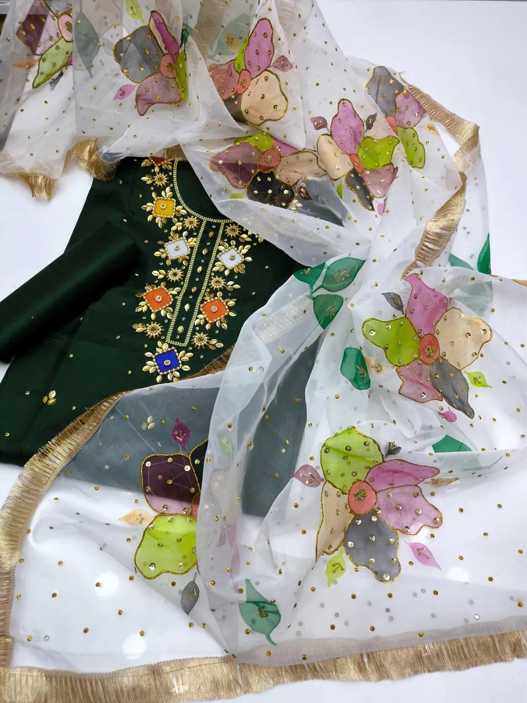 Green Kattan Silk 3 Piece Party Suit with Organza Glitter Dupatta