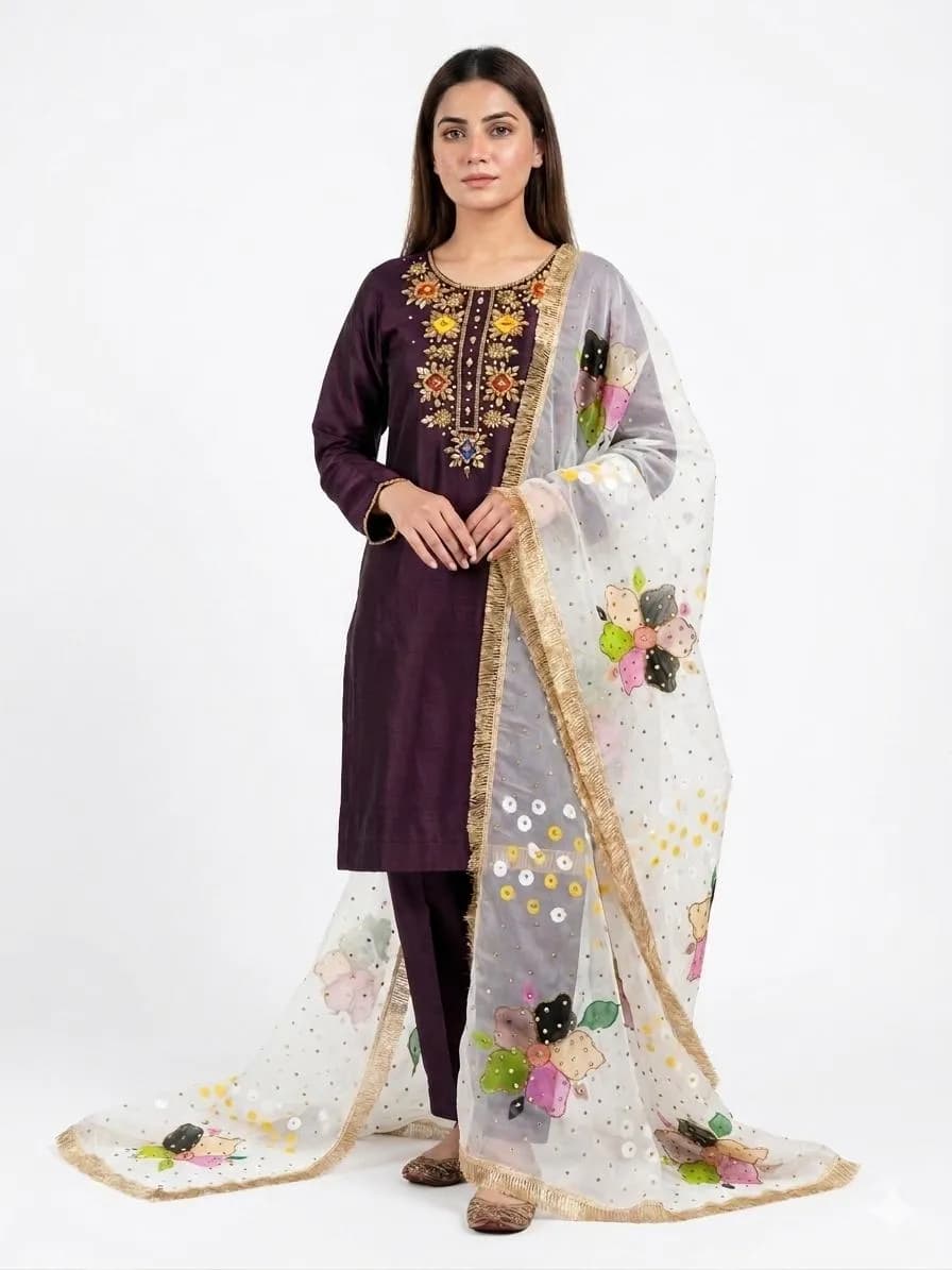 Handmade Oil Paint 3 Piece Kattan Silk Suit with Organza Glitter Dupatta