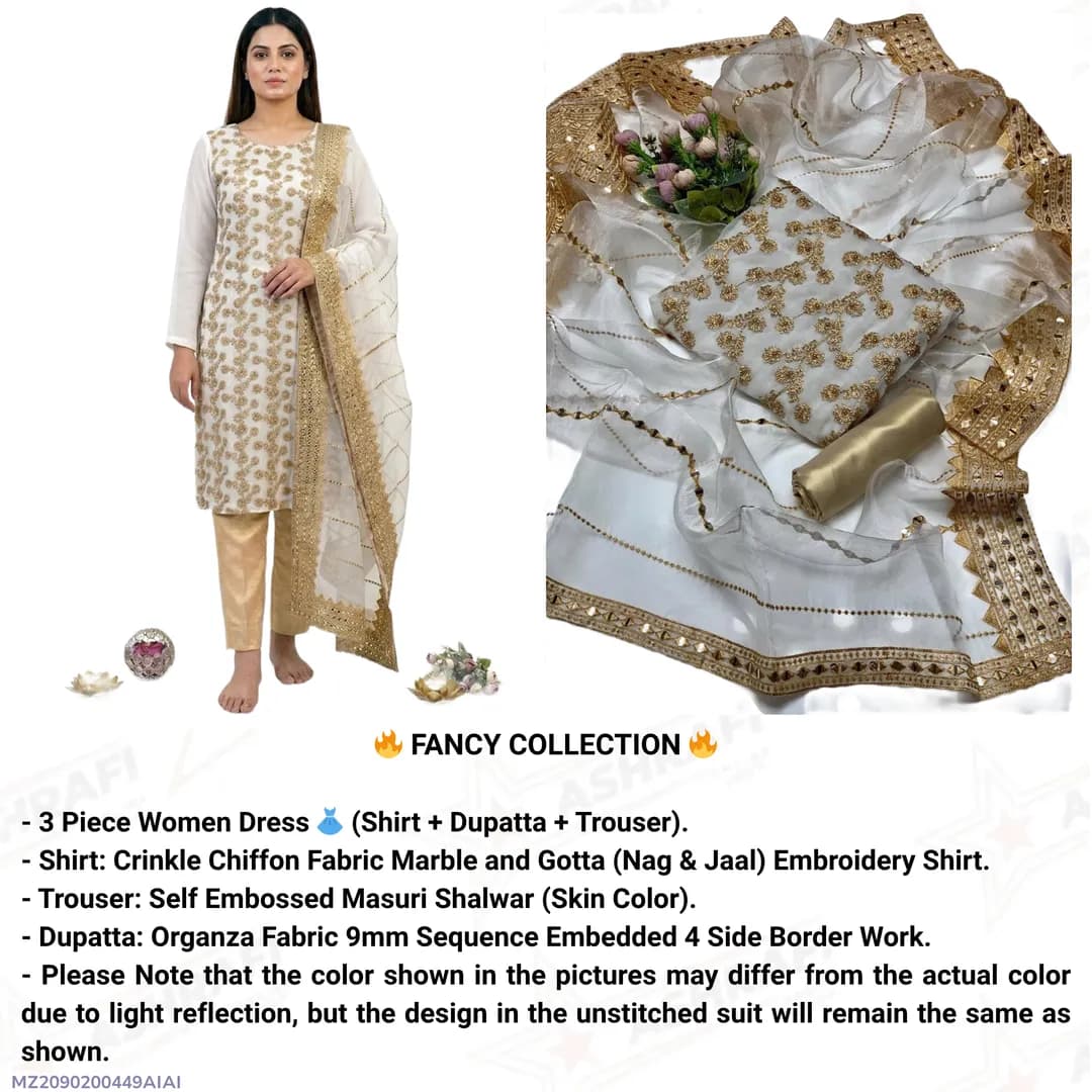 Fancy 3-Piece Embroidered Suit for Women with Organza Dupatta