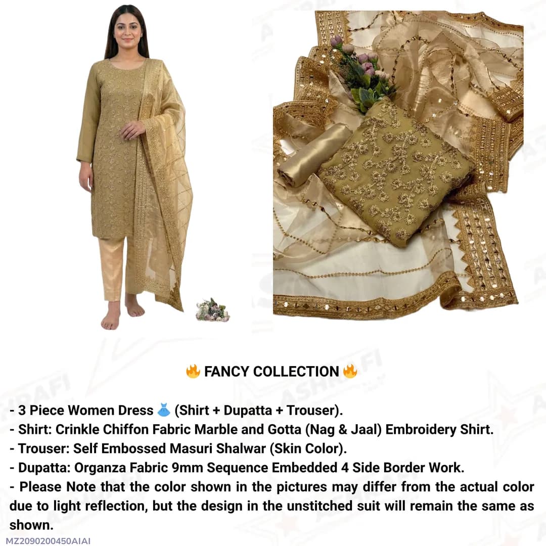 Fancy 3-Piece Embroidered Suit for Women with Organza Dupatta