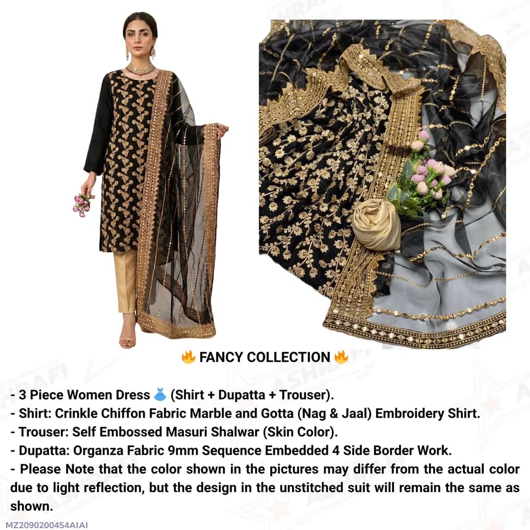 Fancy 3-Piece Embroidered Black Chiffon Suit with Sequins Dupatta
