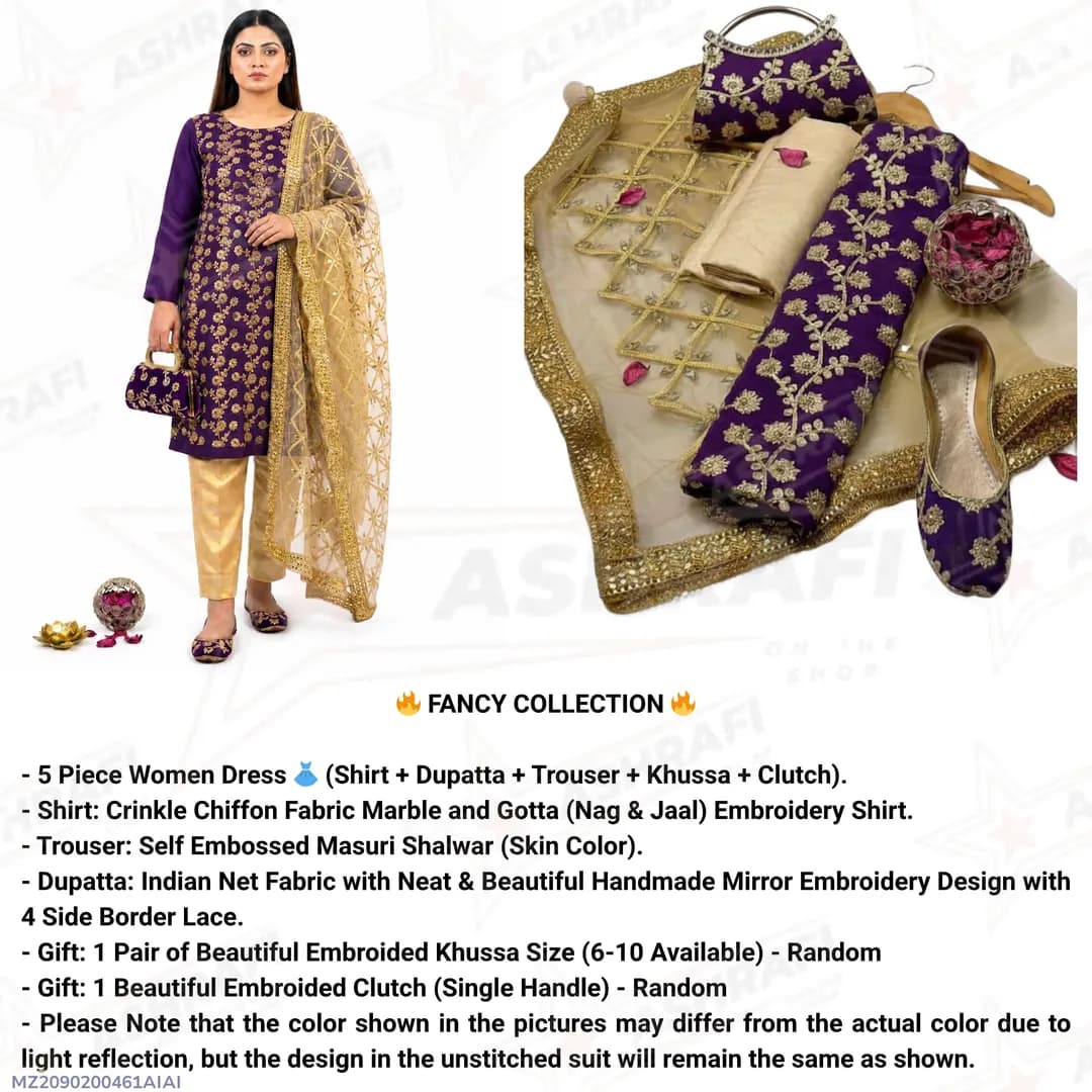 Premium Embroidered 5-Piece Suit for Women - Khussa & Clutch Set
