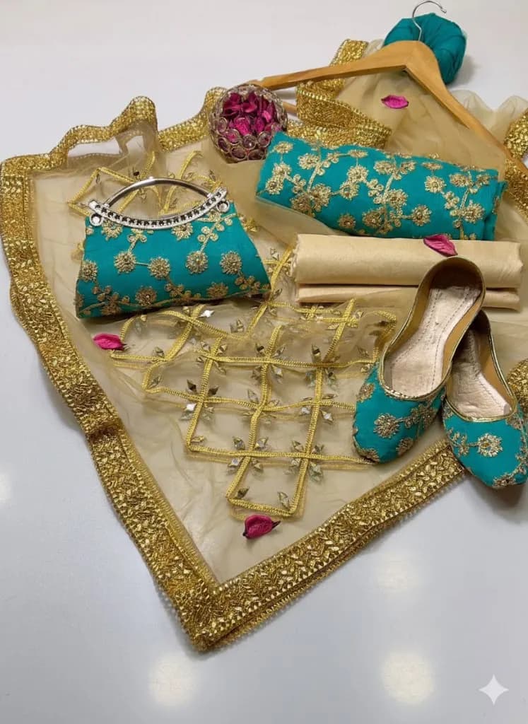 Fancy 5-Piece Embroidered Khussa Suit Green Mirror Dupatta Eid Party Wear