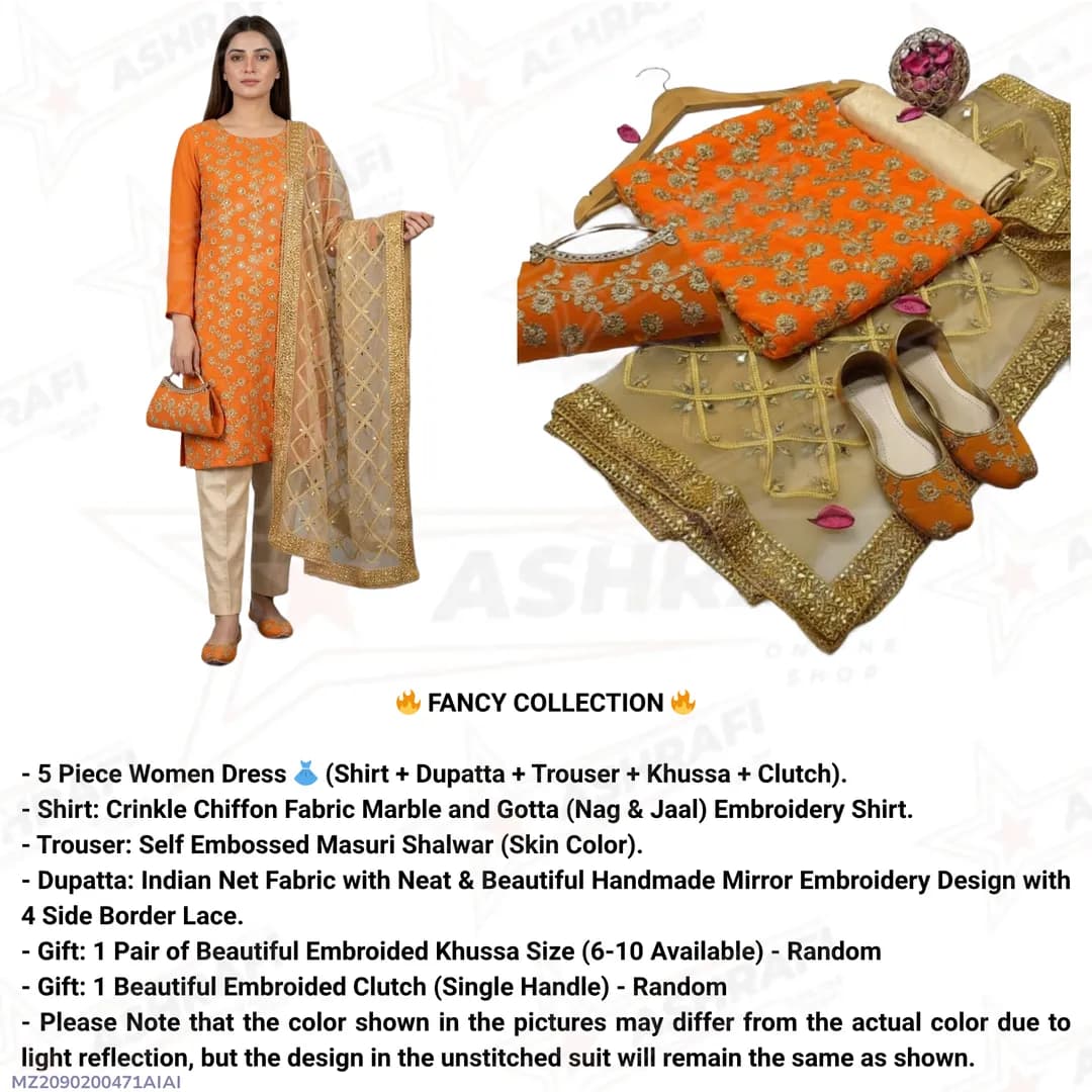 Premium Embroidered 5-Piece Suit for Women - Khussa & Clutch Set