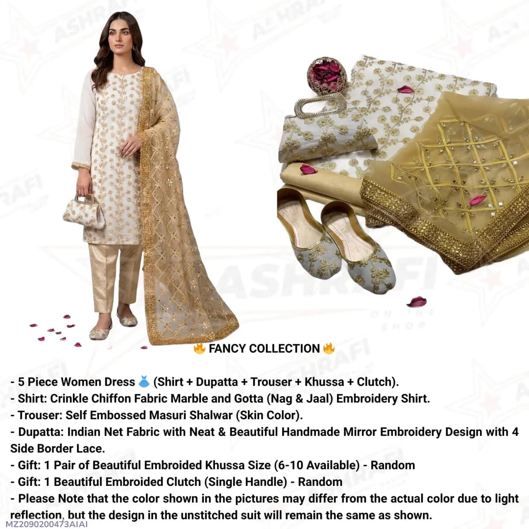 Fancy Collection 5-Piece Women's Embroidered Suit with Khussa & Clutch