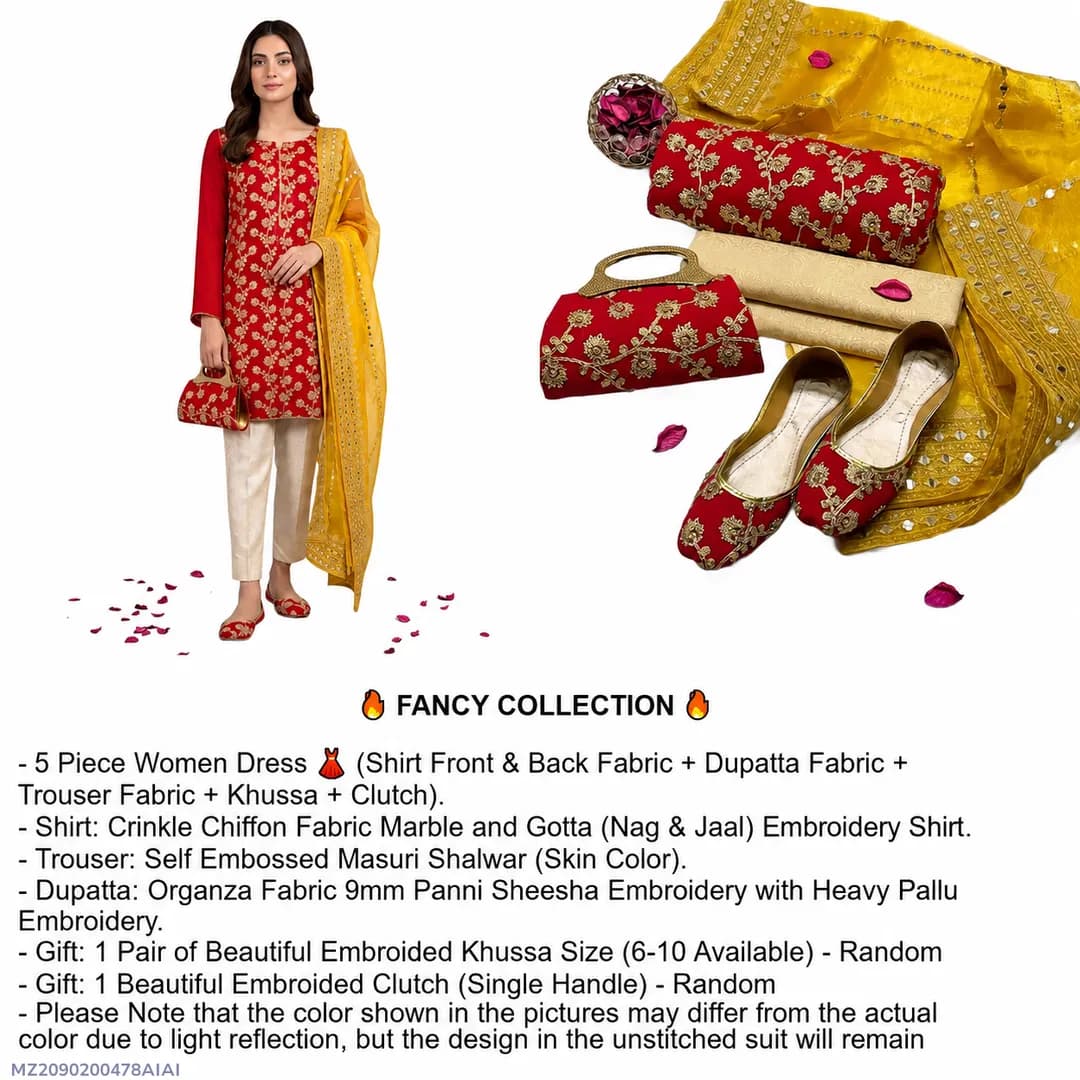 Fancy Collection 5-Piece Women Suit Embroidered Khussa & Clutch Set