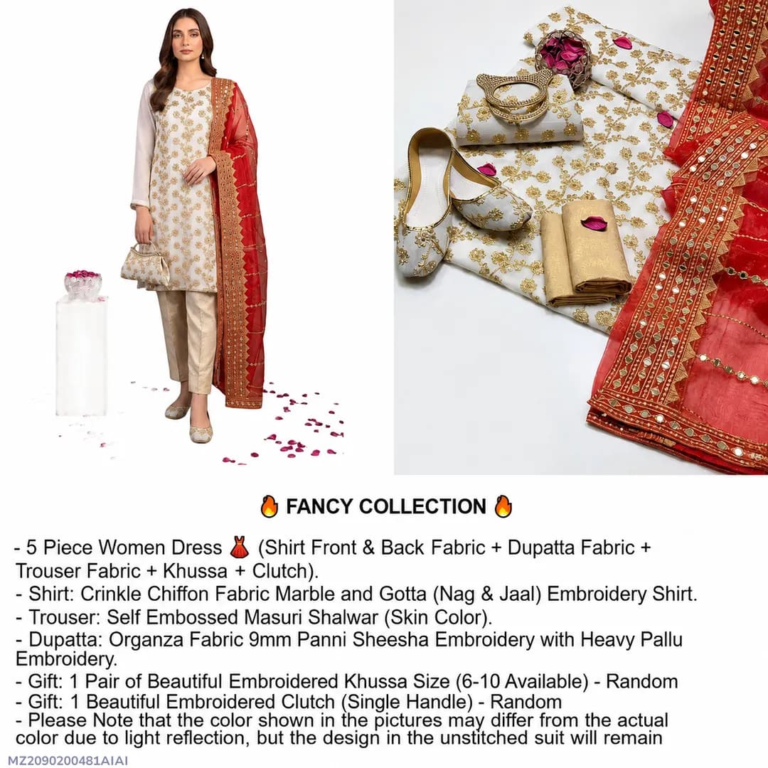 Fancy Eid 5-Piece Embroidered Khussa Suit for Women White
