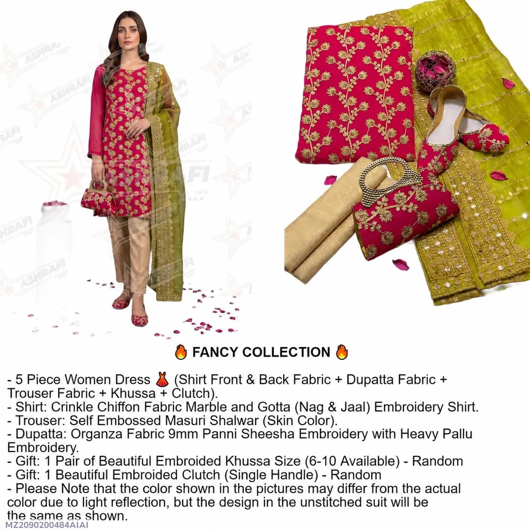 Fancy 5-Piece Pink Embroidered Chiffon Suit for Women with Khussa & Clutch