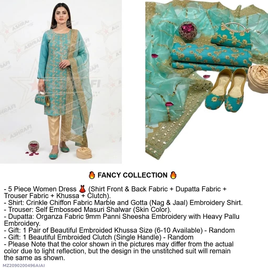 Fancy Collection 5-Piece Women Suit Embroidered Khussa & Clutch Set