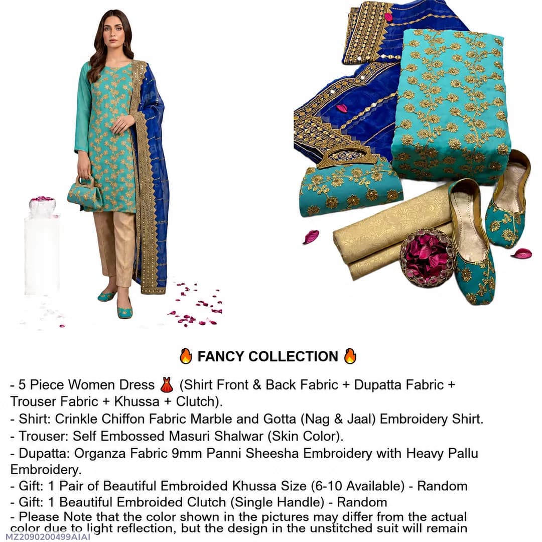 Fancy 5-Piece Women Dress Green Embroidered Khussa Set