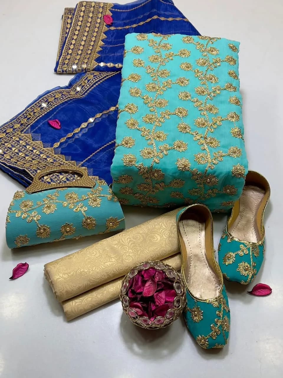 Fancy 5-Piece Women Dress Green Embroidered Khussa Set