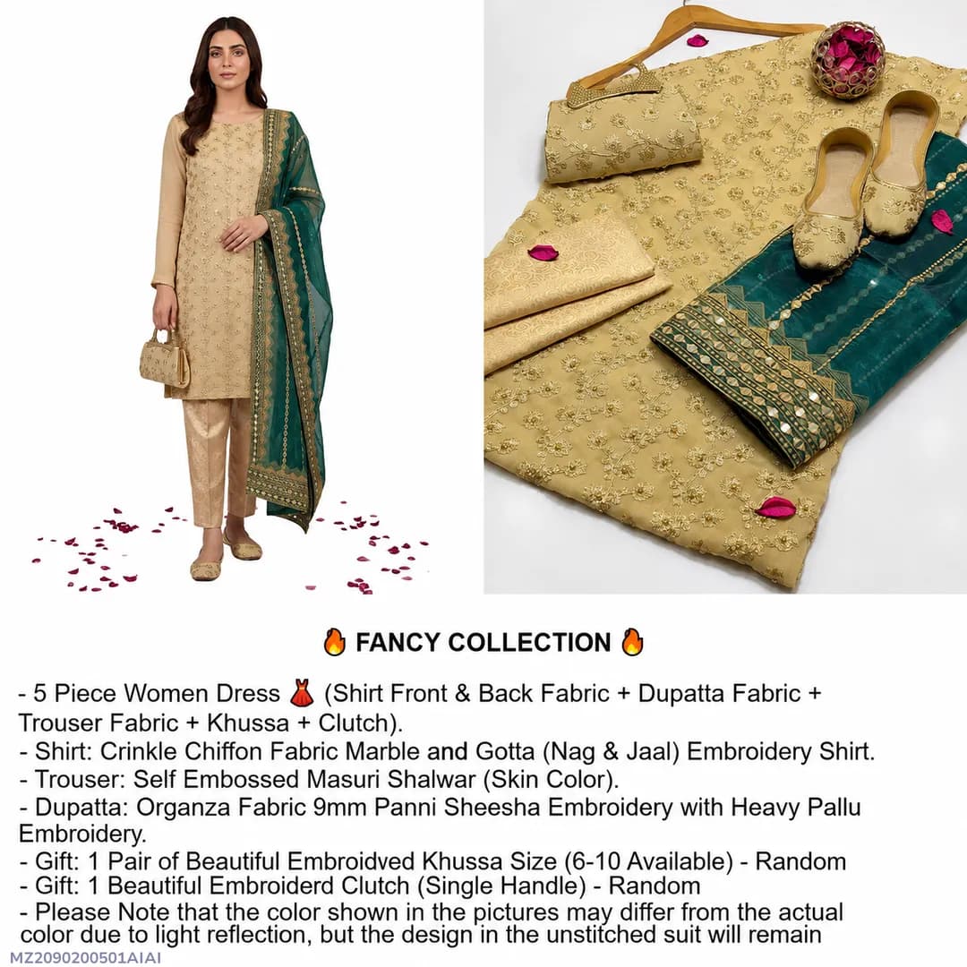 Fancy Collection 5-Piece Women Suit Embroidered Khussa & Clutch Set