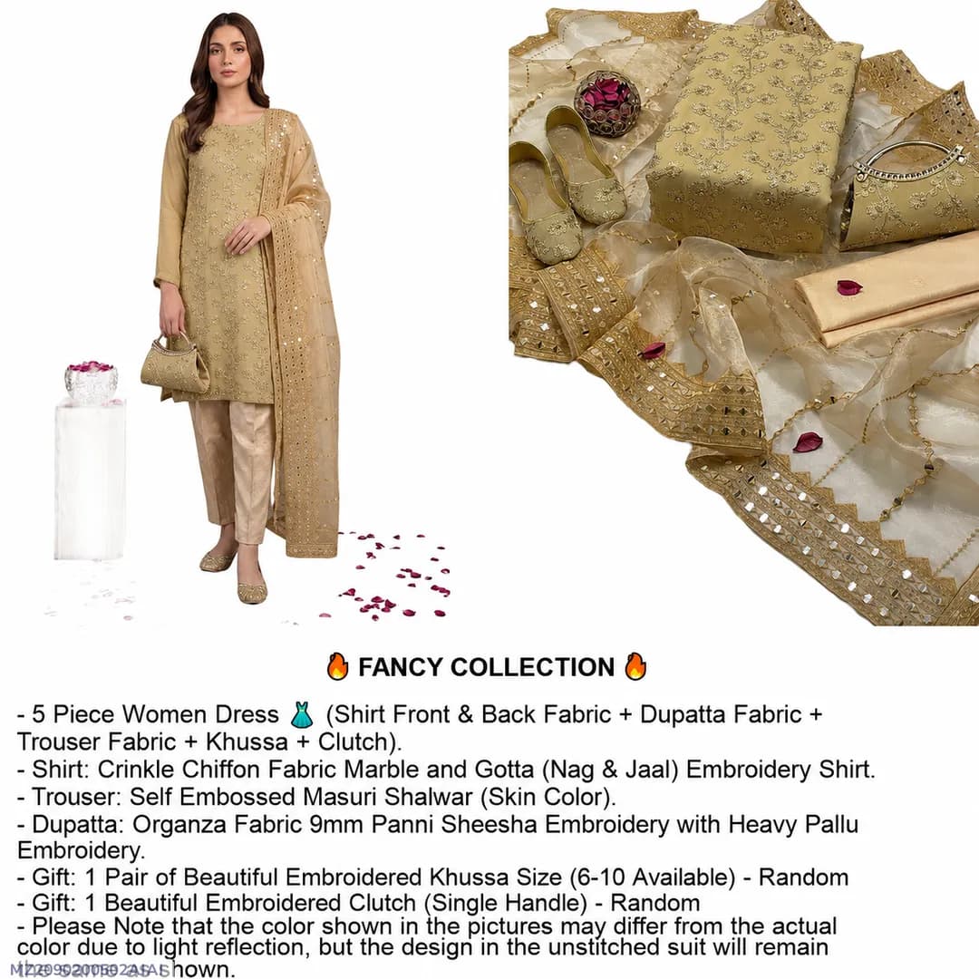 Fancy 5-Piece Women Suit Golden Embroidered Khussa Set