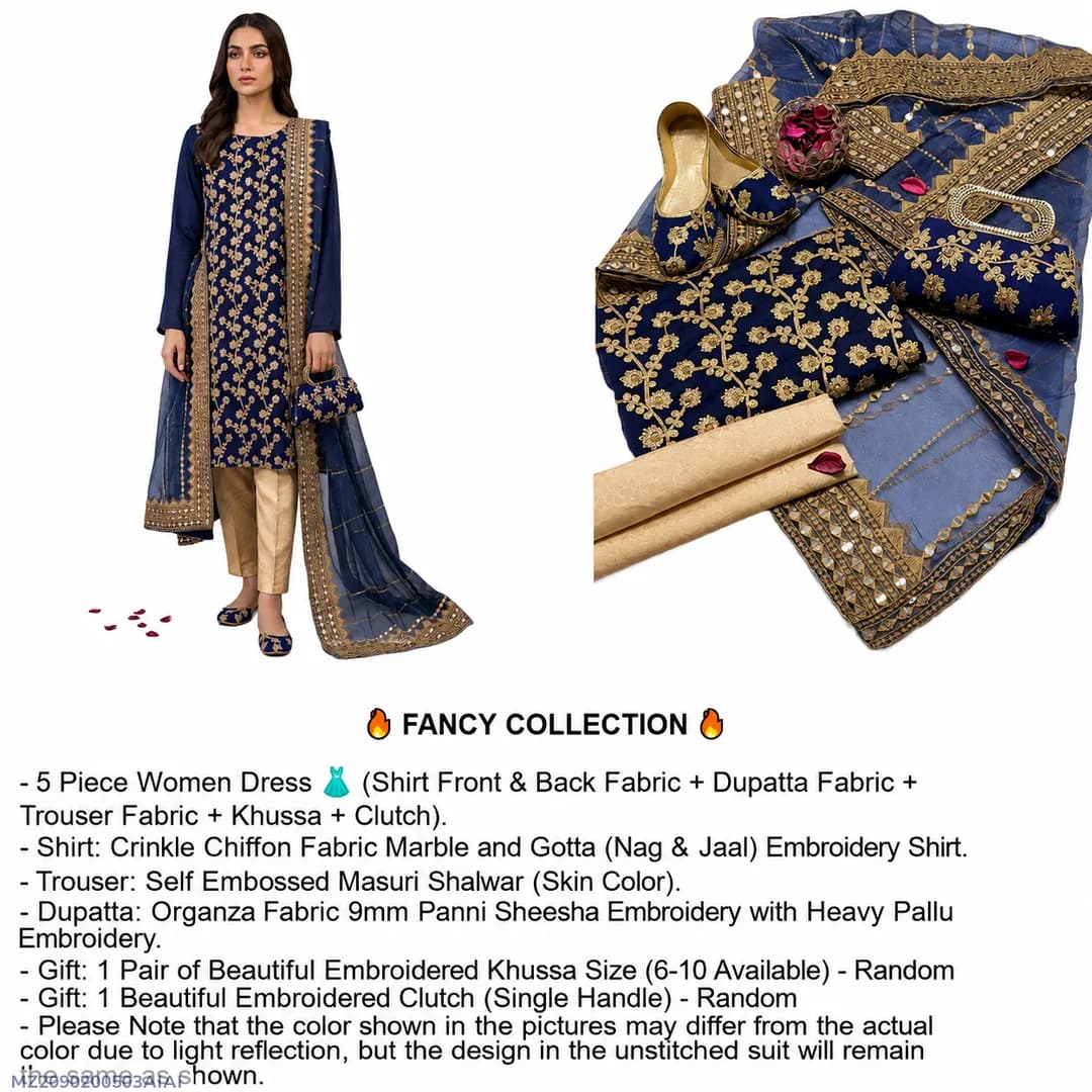 Fancy 5-Piece Embroidered Suit for Women Blue Organza Dupatta
