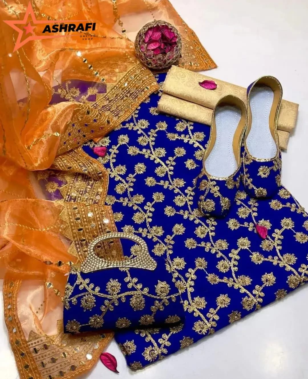 Fancy Collection 5-Piece Women Suit Embroidered Blue Organza Dupatta with Clutch