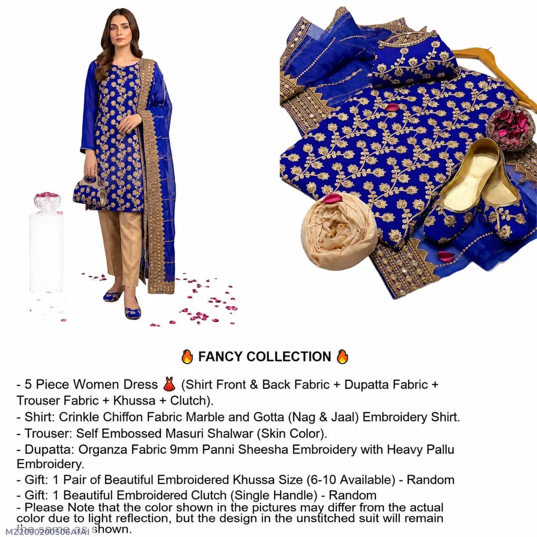 Fancy Collection 5-Piece Women's Embroidered Suit Blue with Clutch & Trouser