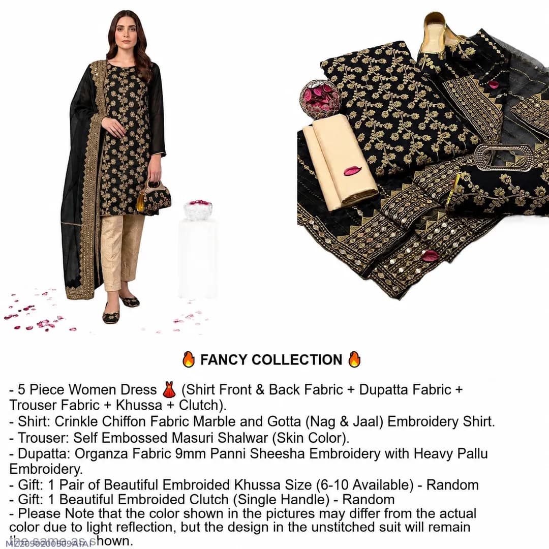 Fancy Collection 5-Piece Women's Embroidered Suit with Organza Dupatta & Khussa