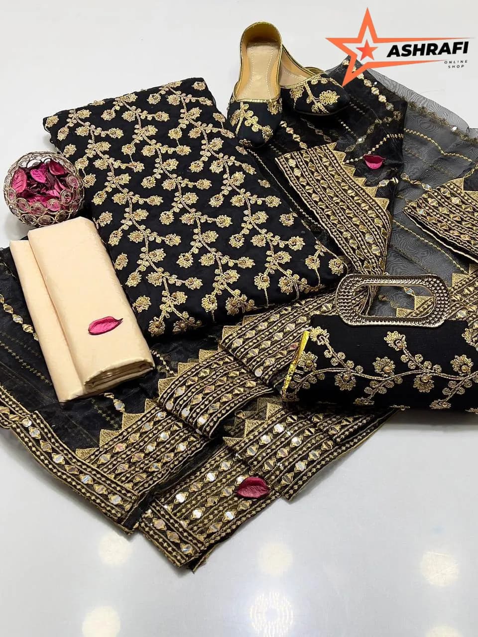 Fancy Collection 5-Piece Women's Embroidered Suit with Organza Dupatta & Khussa