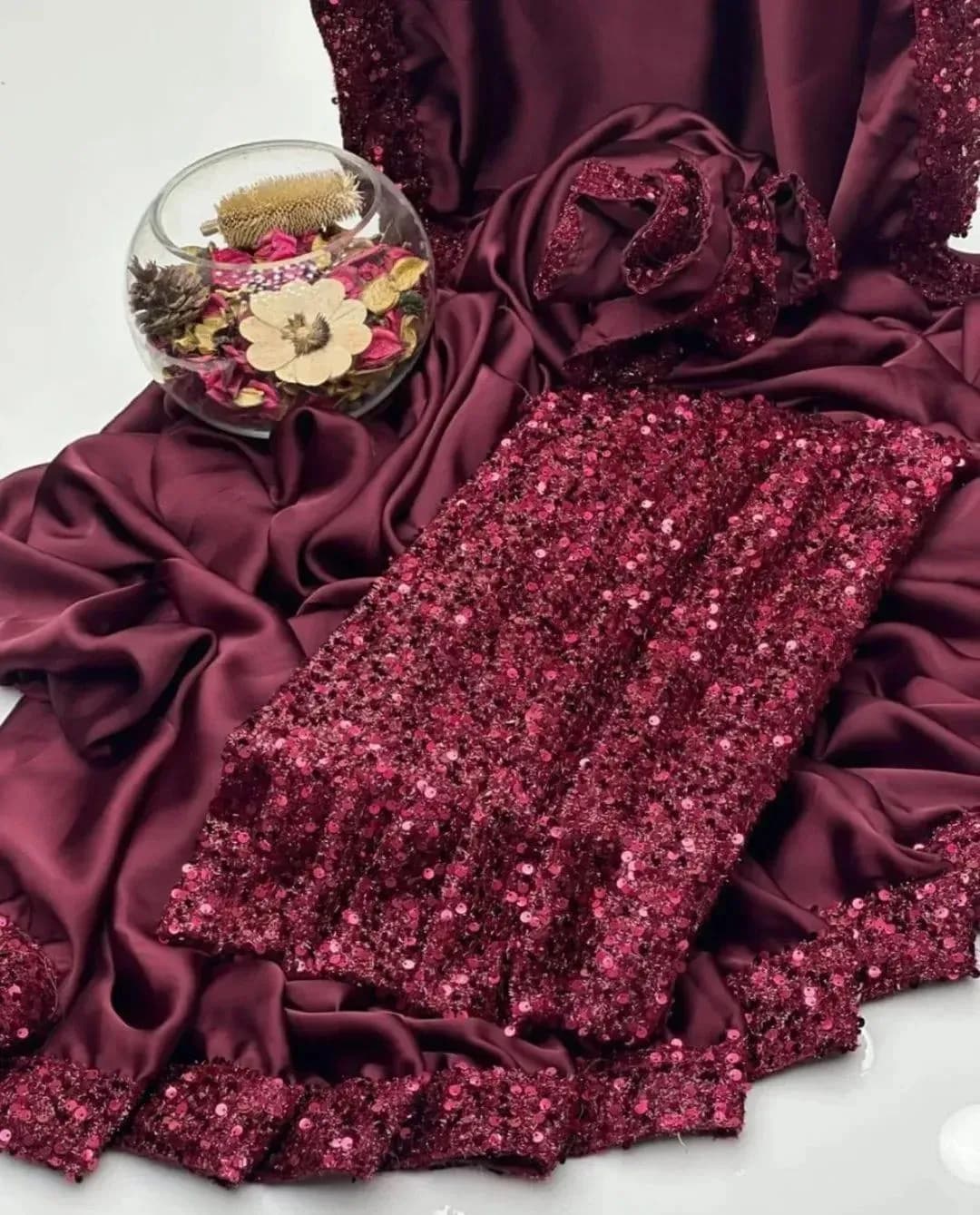 Maroon Sequins Embroidered Saree Set 7 Yard Shamoz Silk