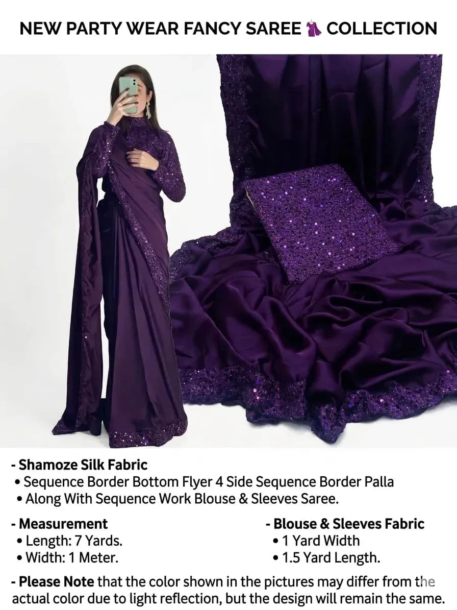 Purple Sequin Embroidered Shamoz Silk Saree Set 7 Yards