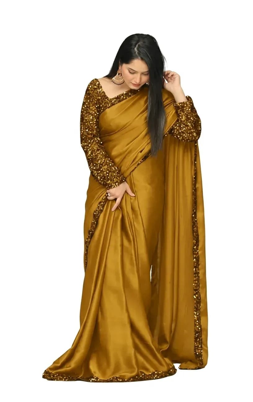 Mustard Sequence Work Shamoz Silk Saree 7 Yard