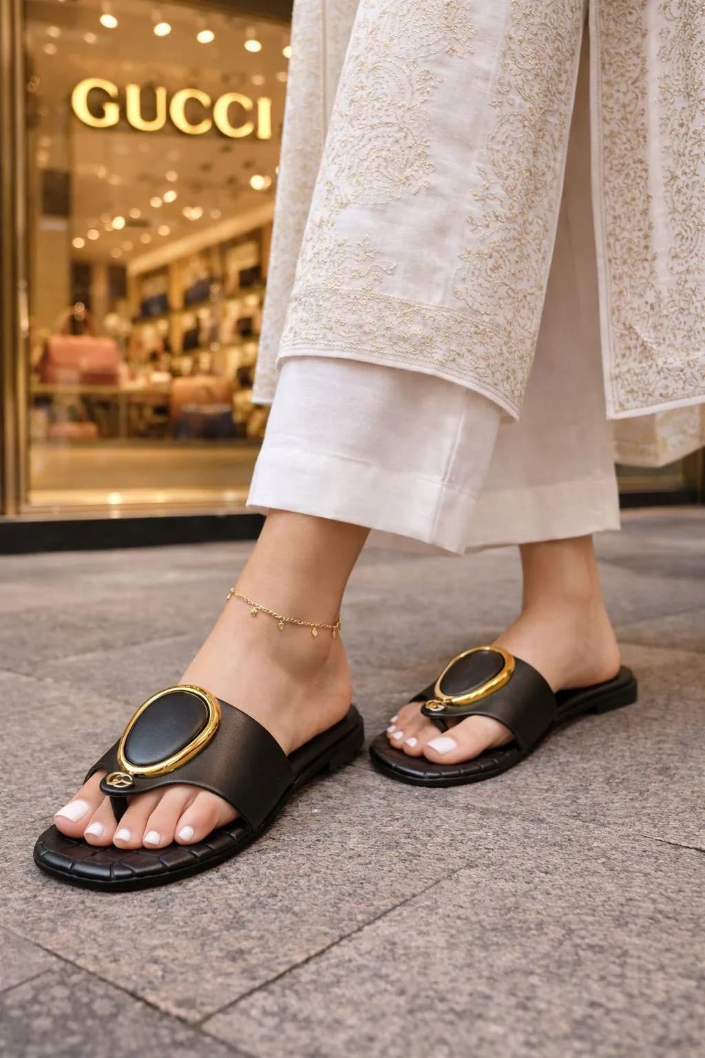 Gucci Black Quilted Slippers with Gold Logo