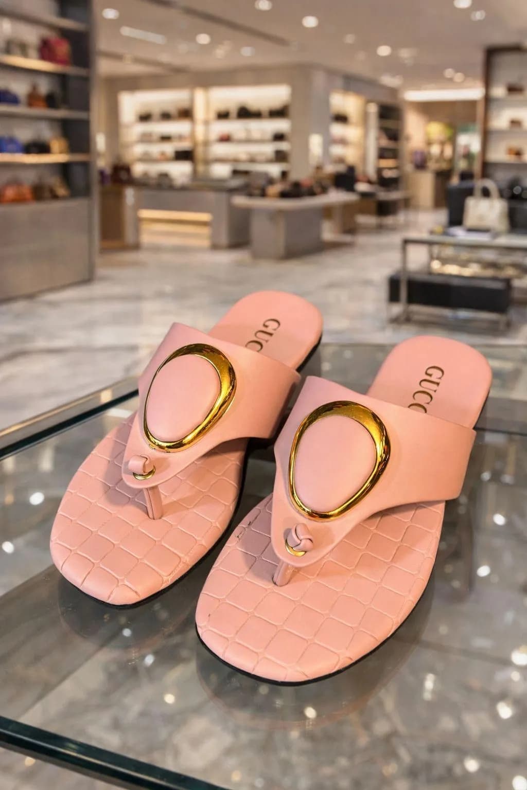Gucci Gold Strap Slippers Pink Croc