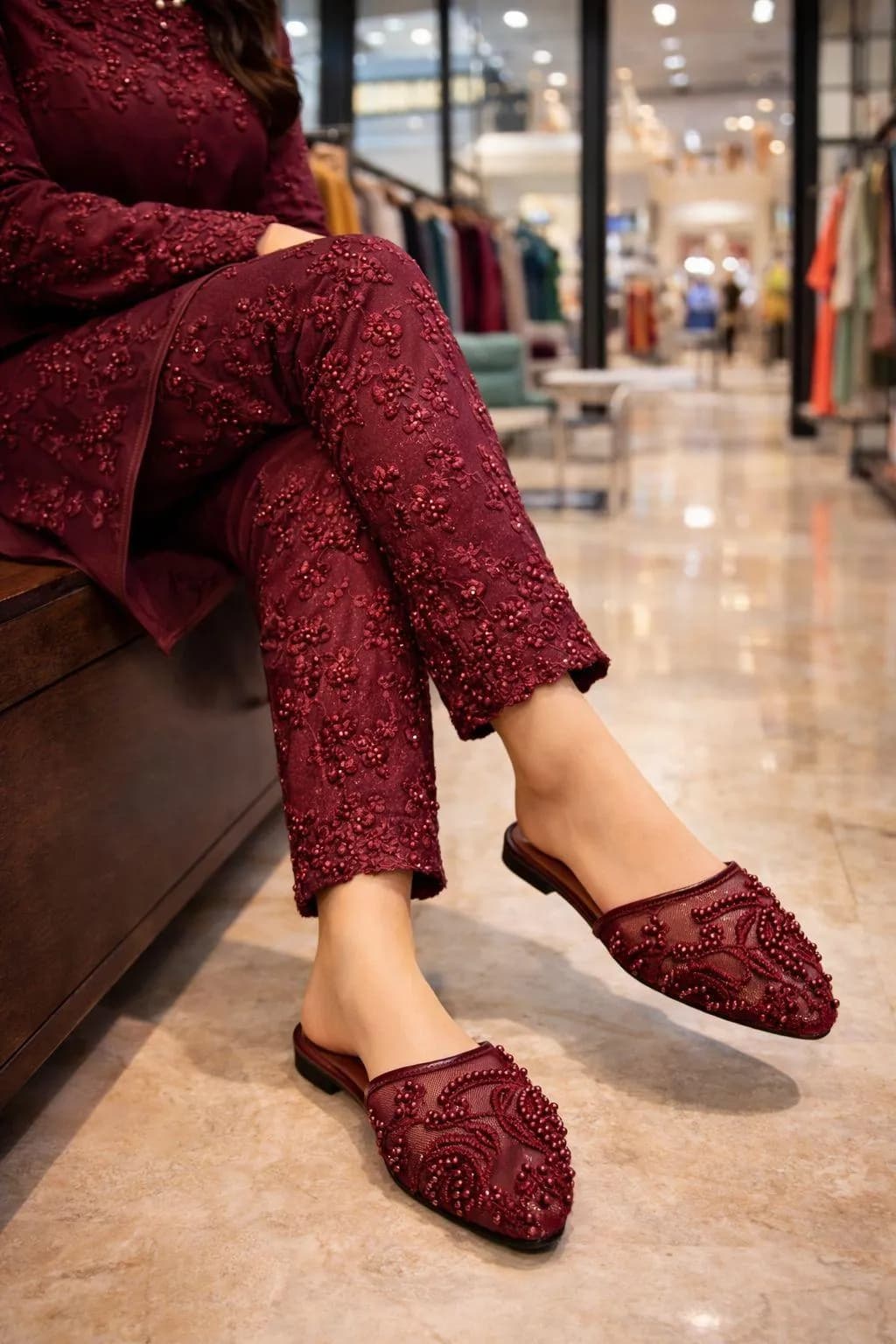 Maroon Embroidered Women's Flat Slippers