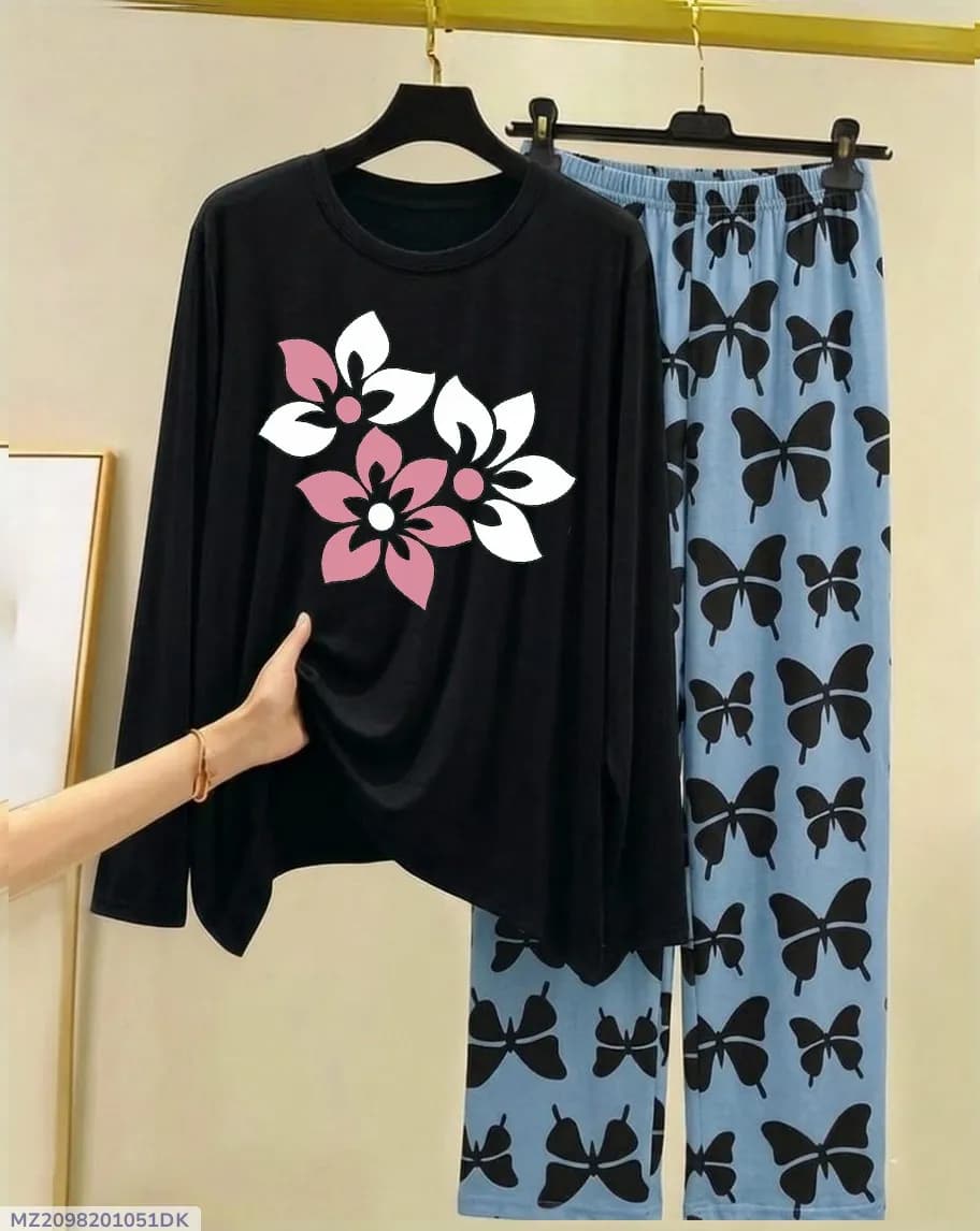 Black Floral Print Night Suit with Butterfly Pants
