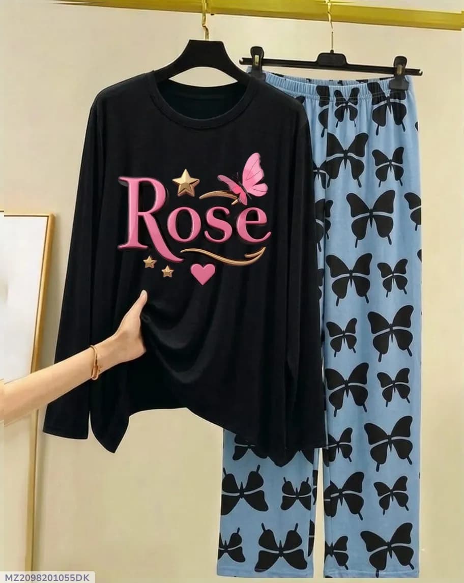 Rose Butterfly Print Night Suit Women Black Jersey Trouser Set