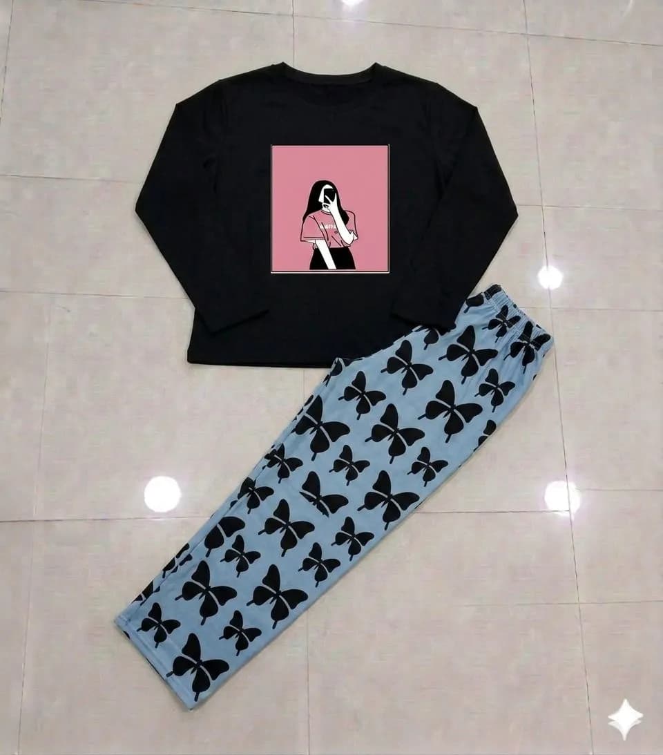 Black Printed Night Suit for Women with Butterfly Pants