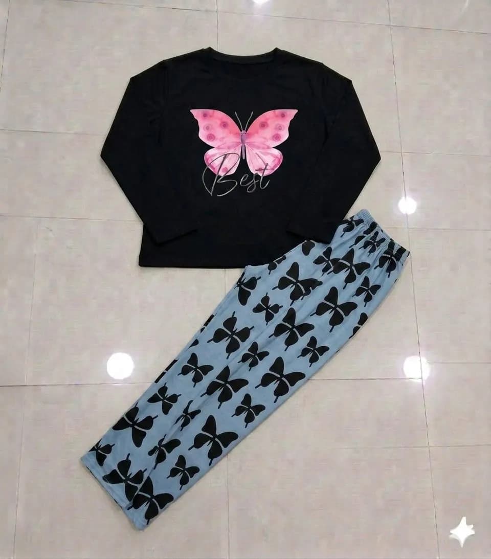 Black Butterfly Print Night Suit for Women 28"