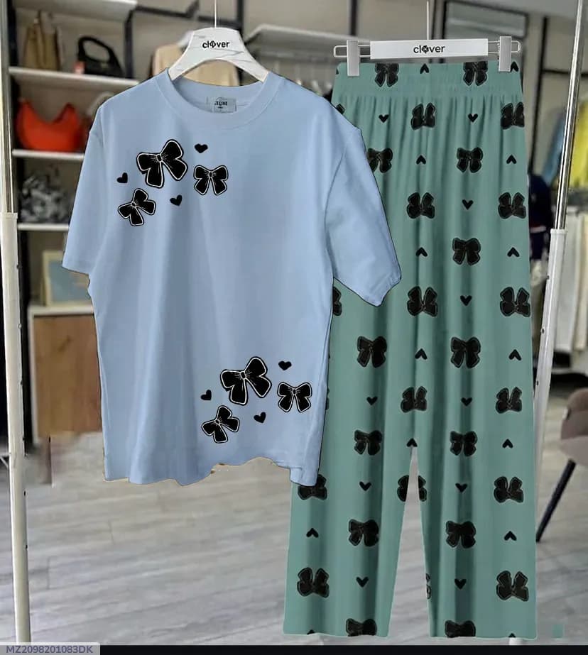 Women Night Suit Set Light Blue Butterfly Print Jersey 2Pcs