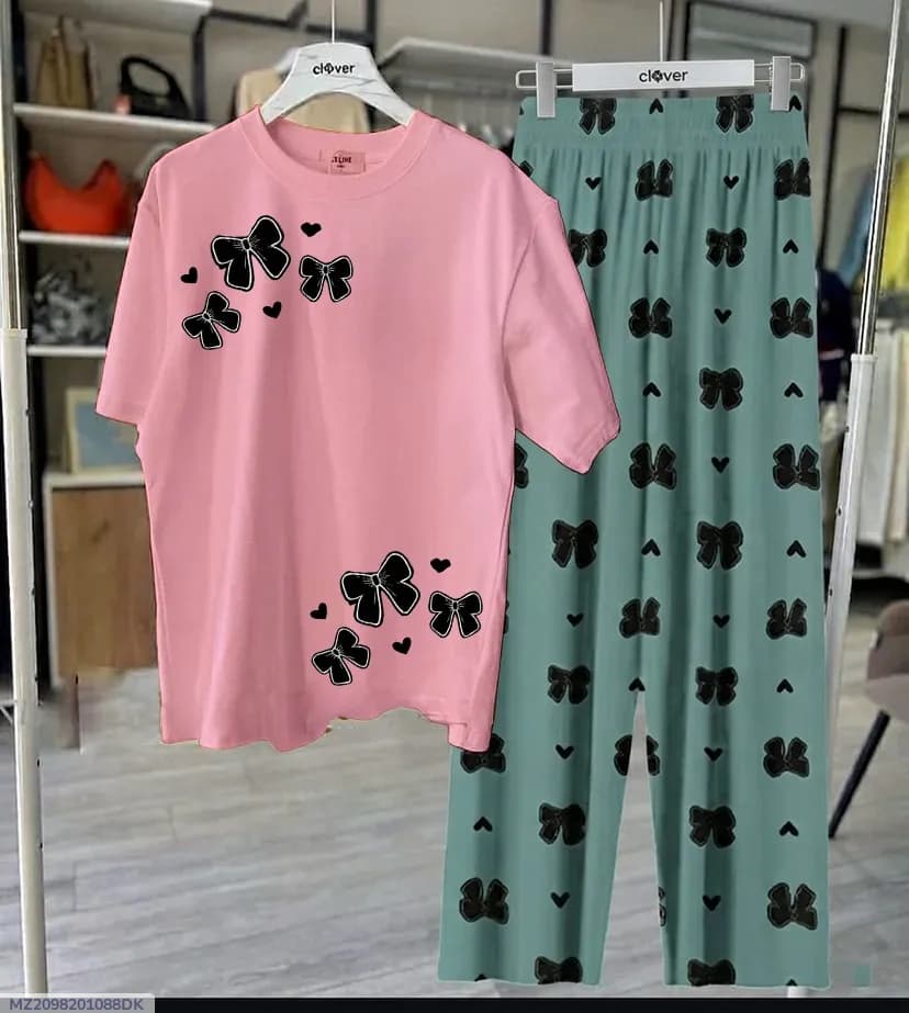 Pink Floral Night Suit for Women with Green Bow Pattern