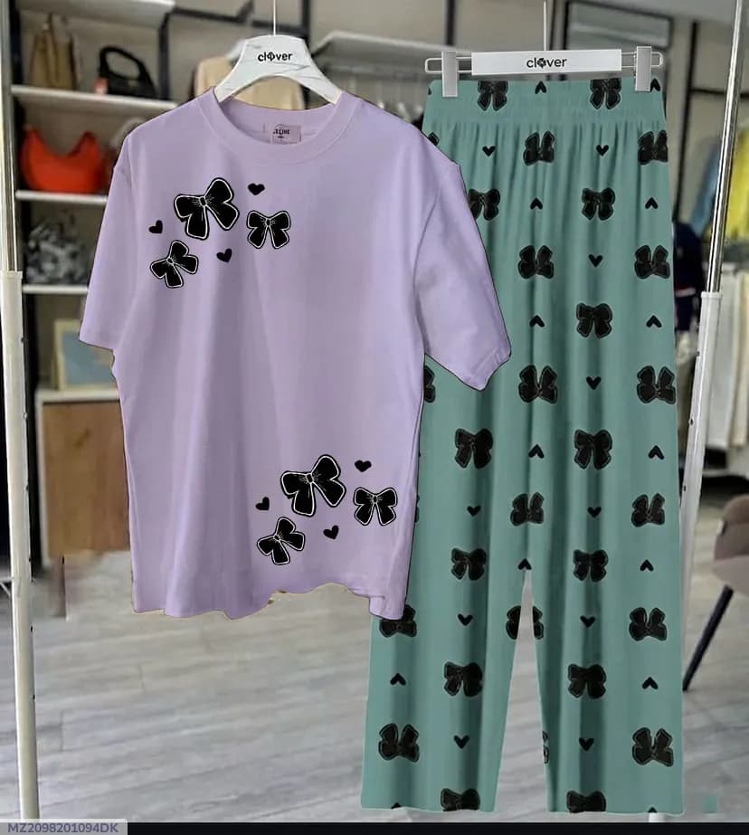 Women Purple Butterfly Night Suit Set Jersey Medium to XL