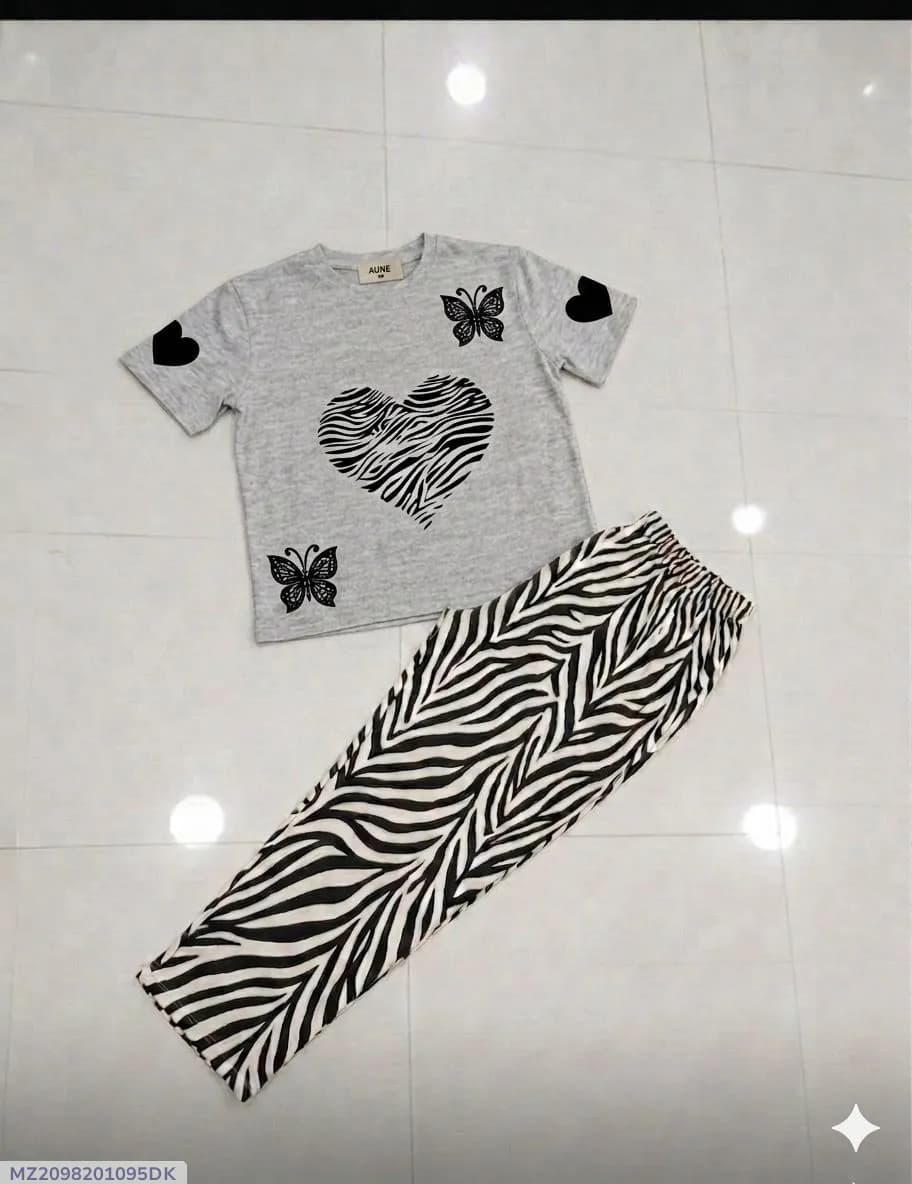 Women Grey Butterfly Heart T-Shirt with Zebra Pants Set Medium to XL