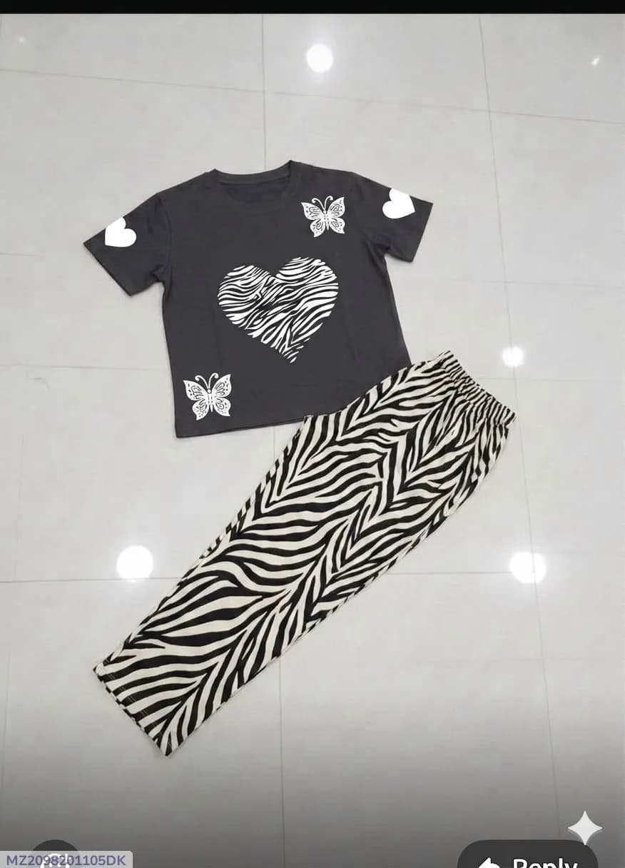 Women Black Heart Butterfly T-Shirt Zebra Pants Set Medium to XL