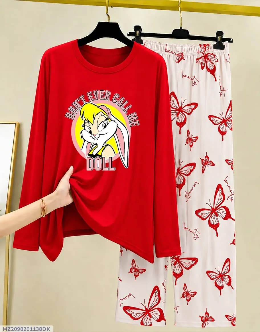 Red Butterfly Print Night Suit for Women