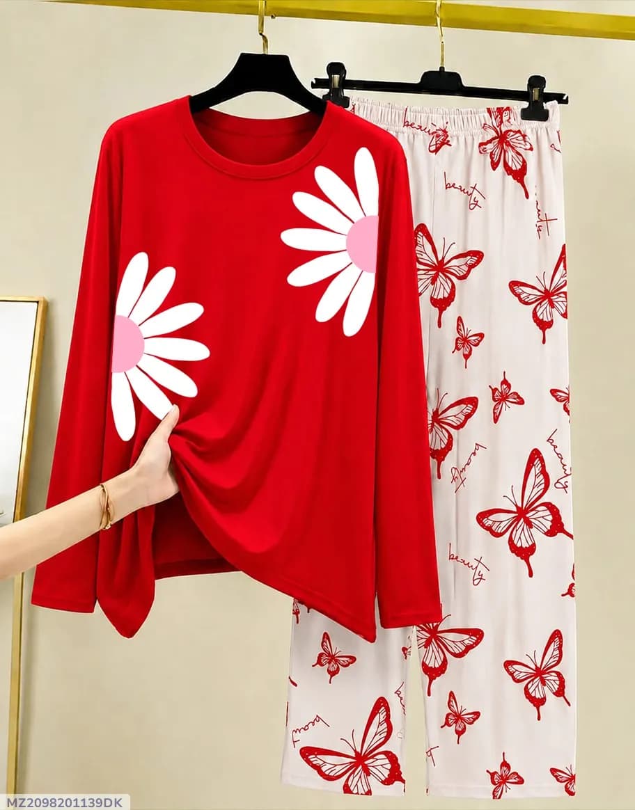 Red Floral Butterfly Night Suit for Women