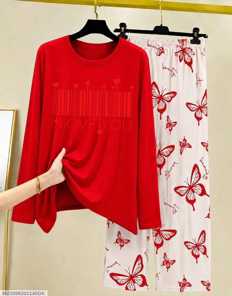 Red Butterfly Print Night Suit for Women
