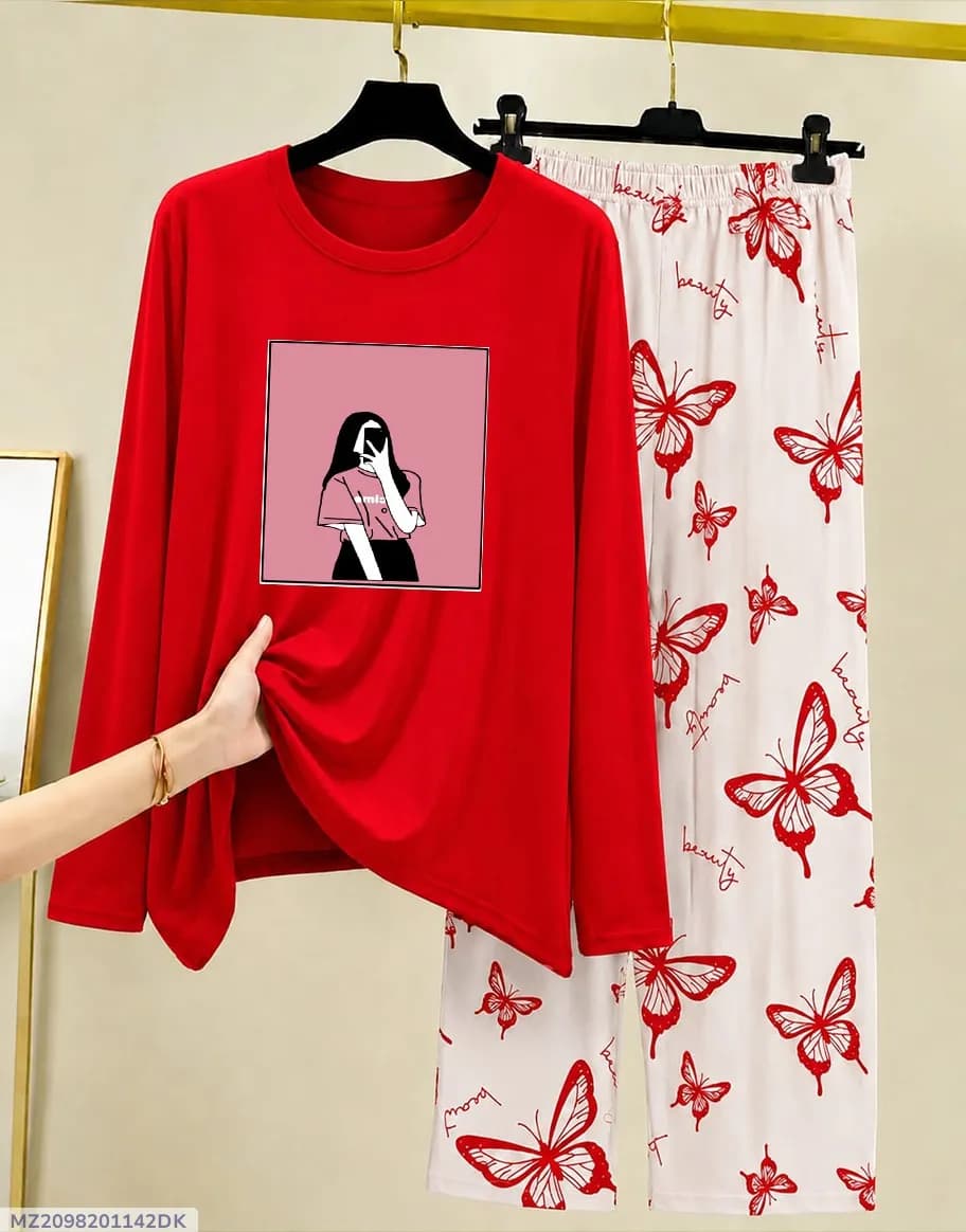 Red Printed Night Suit for Women with Butterfly Pattern