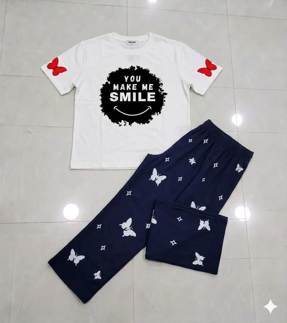 Women Printed Night Suit White Blue Butterfly Jersey 2 Pcs