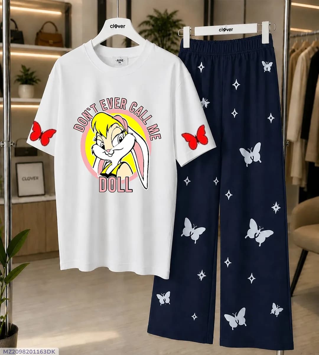 Women Printed Night Suit White Blue Butterfly Jersey 2 Pcs