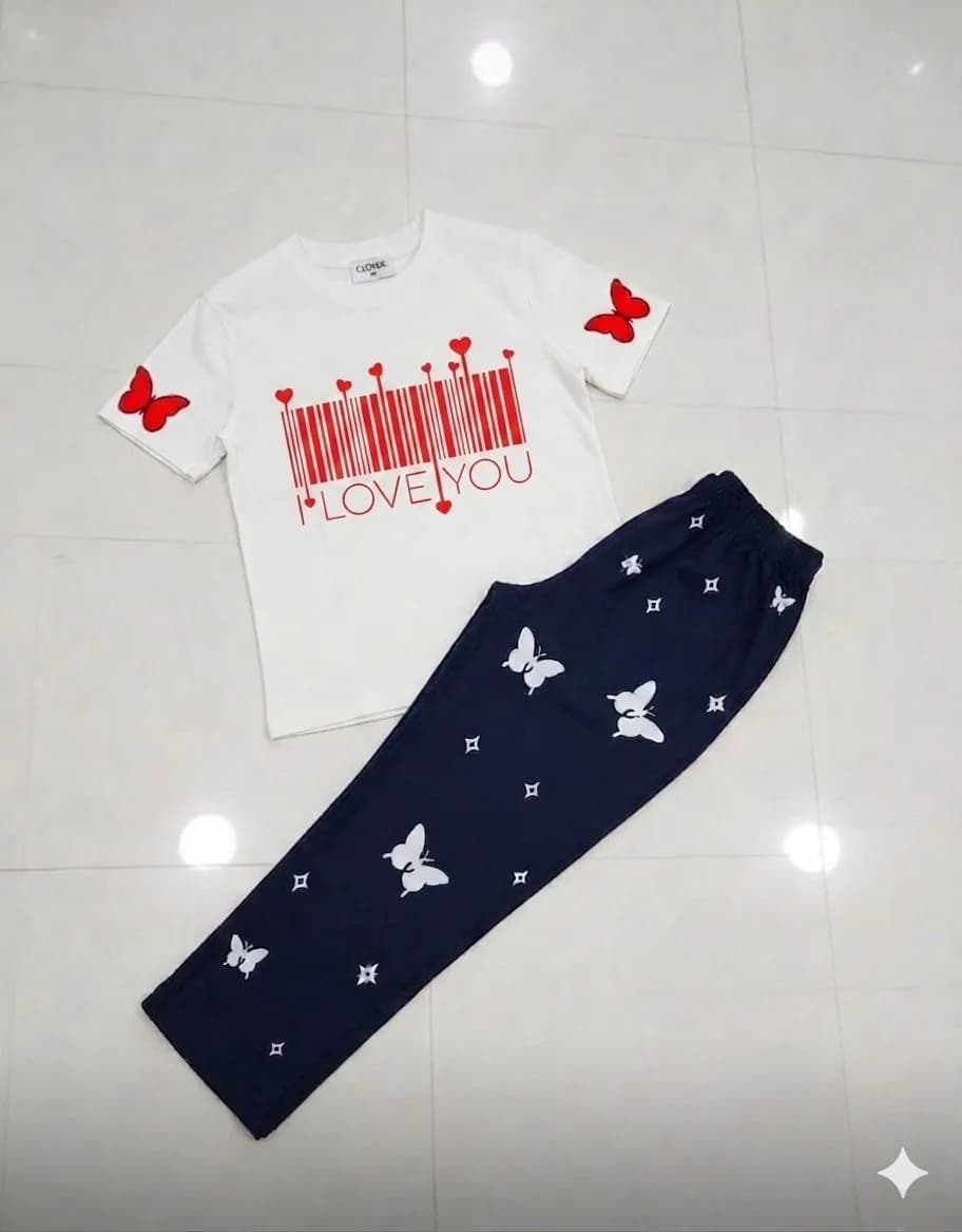 Women Printed Night Suit White Blue Butterfly Jersey 2 Pcs